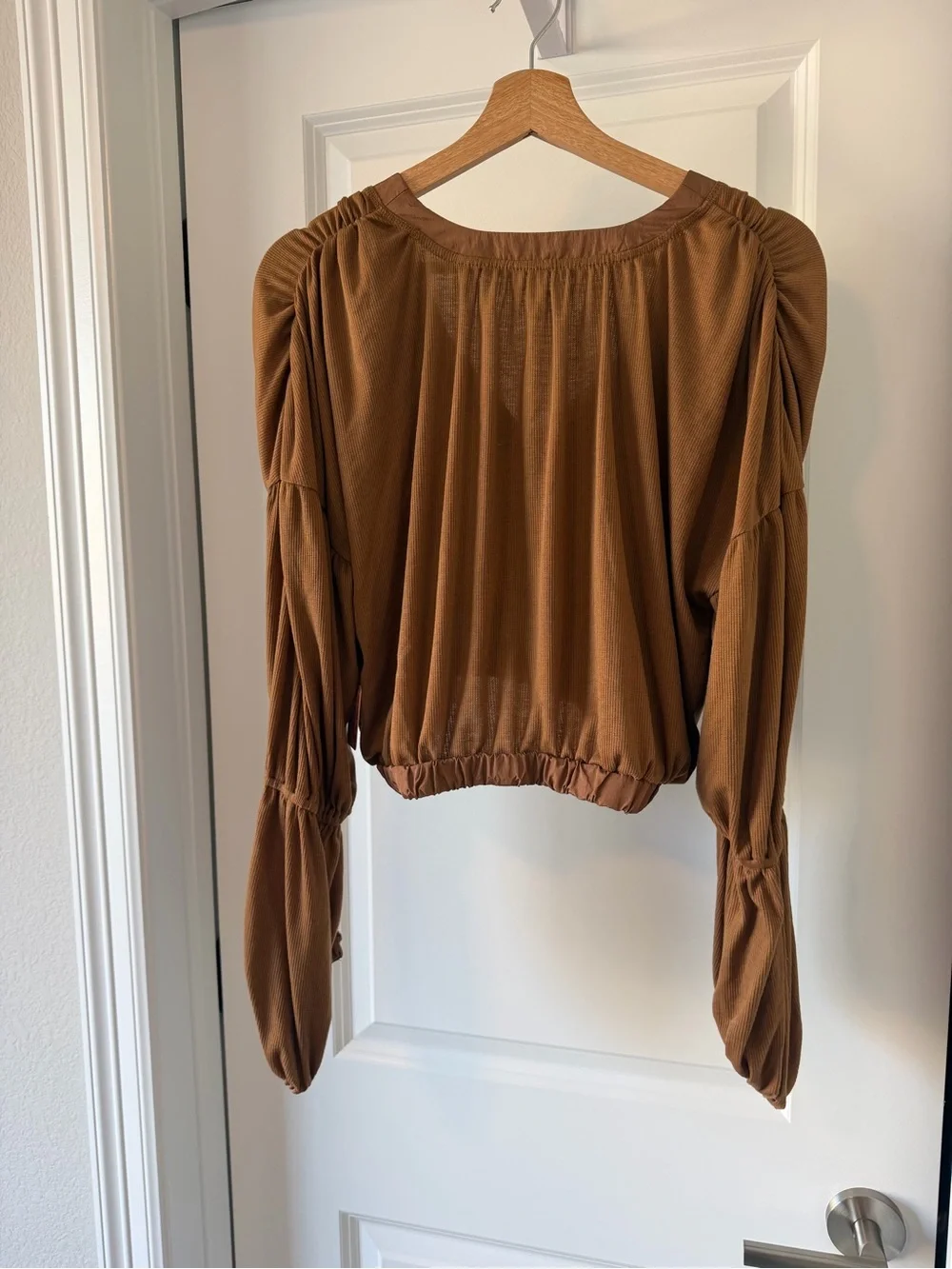 Free People Cropped Balloon-Sleeve Top in Camel Brown